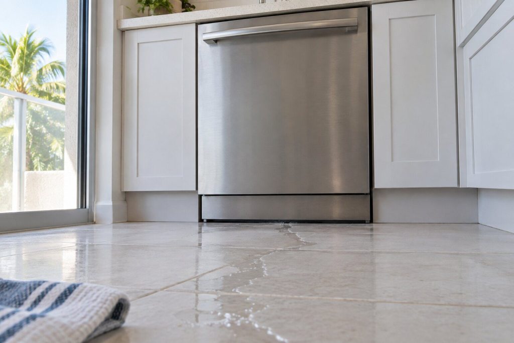 A thin spreading line of water on pale tile in front of the closed door of a stainless dishwasher, running out from under the toe panel toward the camera, a folded towel lying ready at the edge of the frame.