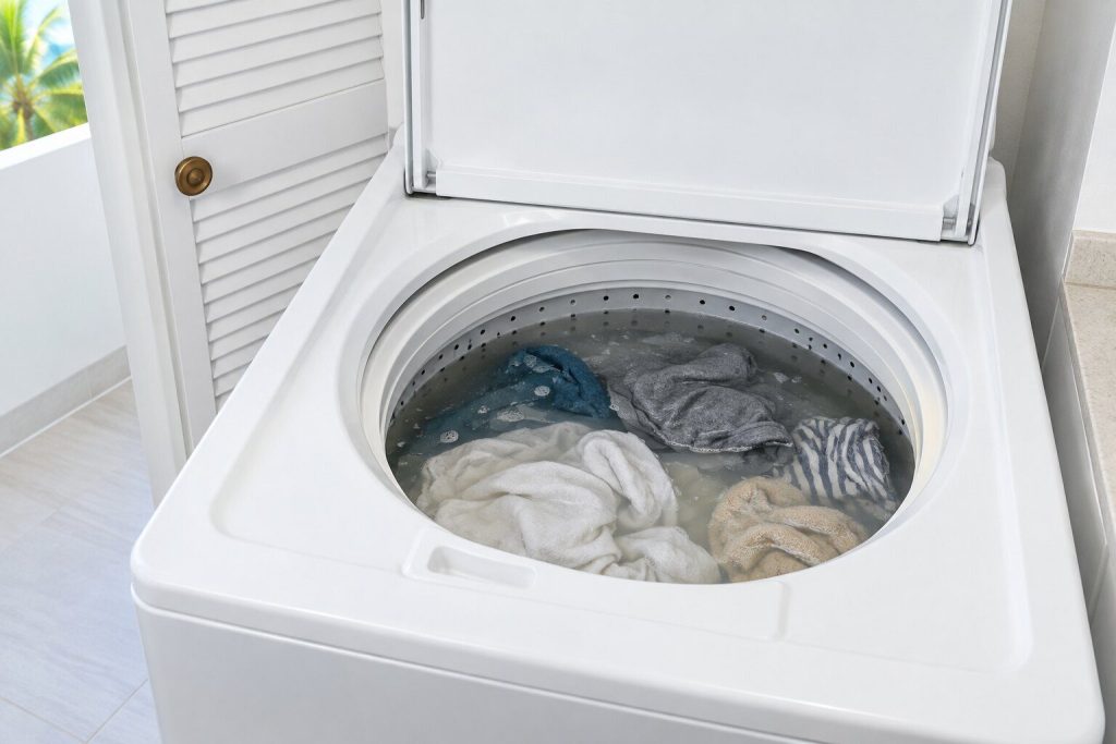 The open lid of a white top-load washing machine showing the tub still full of gray water with washing floating in it at the end of a cycle.