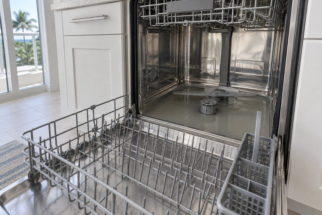The open door of a stainless dishwasher with the lower rack pulled out, an inch of gray standing water covering the floor of the tub around the filter cylinder.