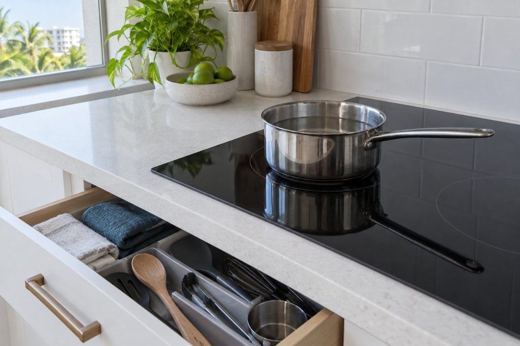 A stainless pan of water standing on a black ceramic induction cooktop with the zone beneath it plainly unlit and the pan no longer steaming, a drawer beneath the counter pulled slightly open and packed full.