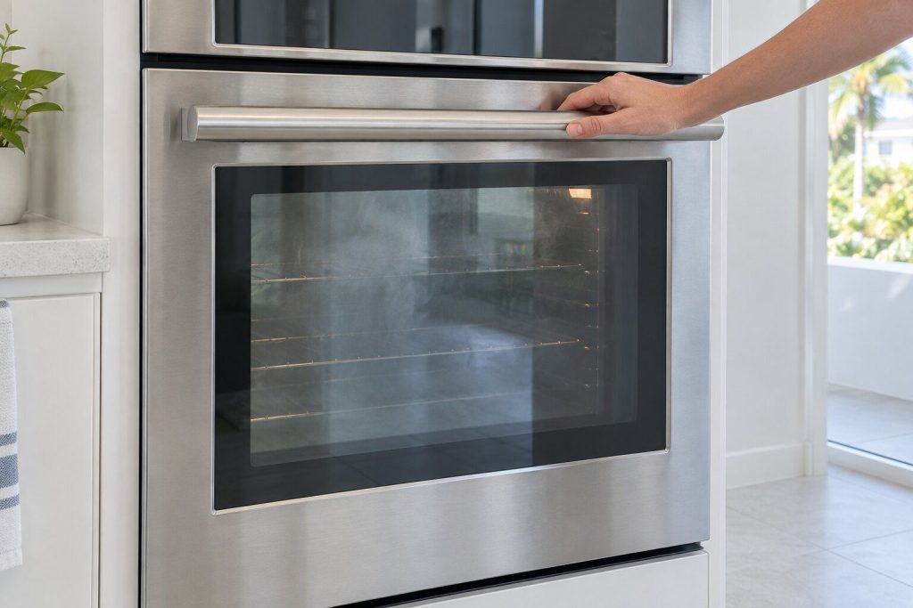 The closed door of a stainless wall oven with a hand resting on the bar handle and the door plainly not moving, faint haze on the inside of the glass from a cleaning cycle.