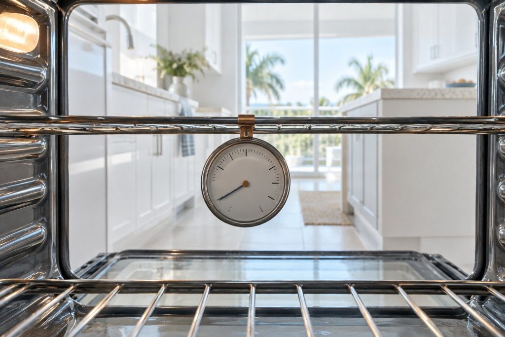 A round dial oven thermometer hanging from the middle rack inside a lit oven cavity, its needle plainly low on the dial, the door open into a bright kitchen.