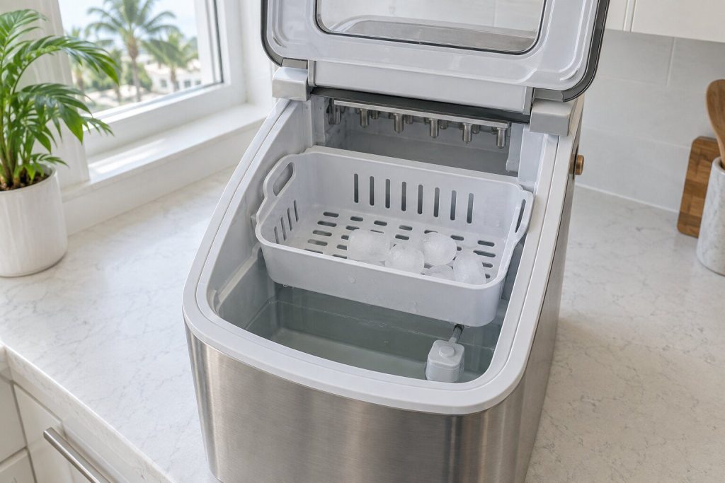 The open lid of a small countertop ice machine on a light counter showing a nearly empty basket holding a few cloudy, soft-edged bullet cubes and a shallow reservoir of water below.