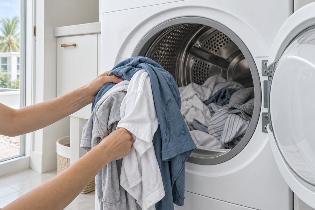 A handful of cold damp shirts being lifted from the stainless drum of a white dryer at the end of a cycle, the rest of the load still tumbled inside.