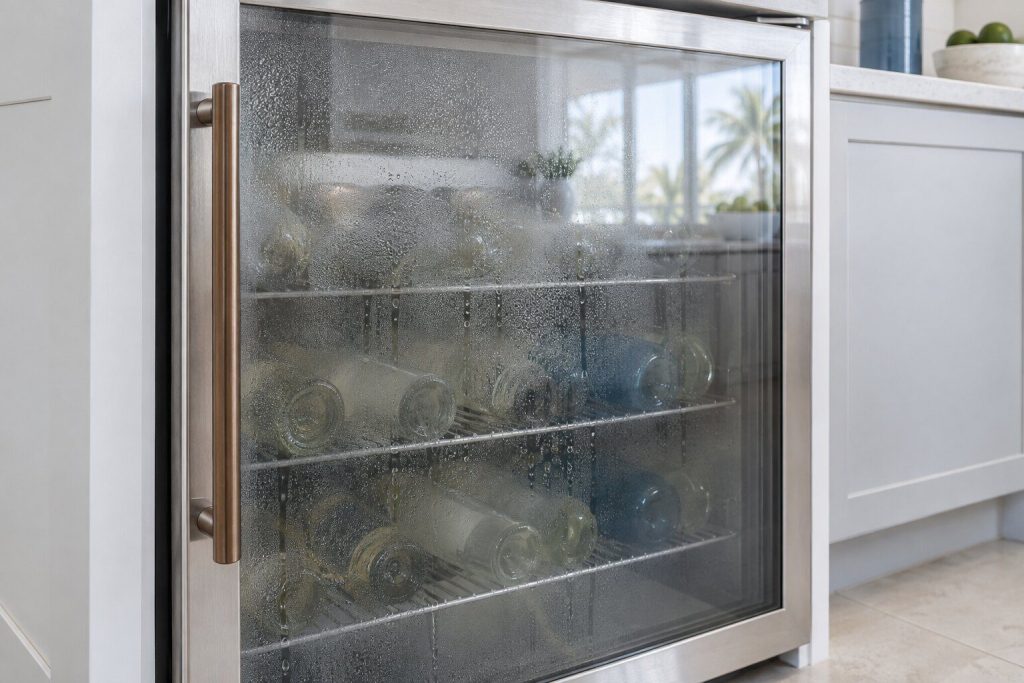 The closed glass door of a freestanding beverage cooler fogged with condensation on its inner face, bottles lying on wire shelves dimly visible behind it, a bright kitchen reflected faintly in the pane.
