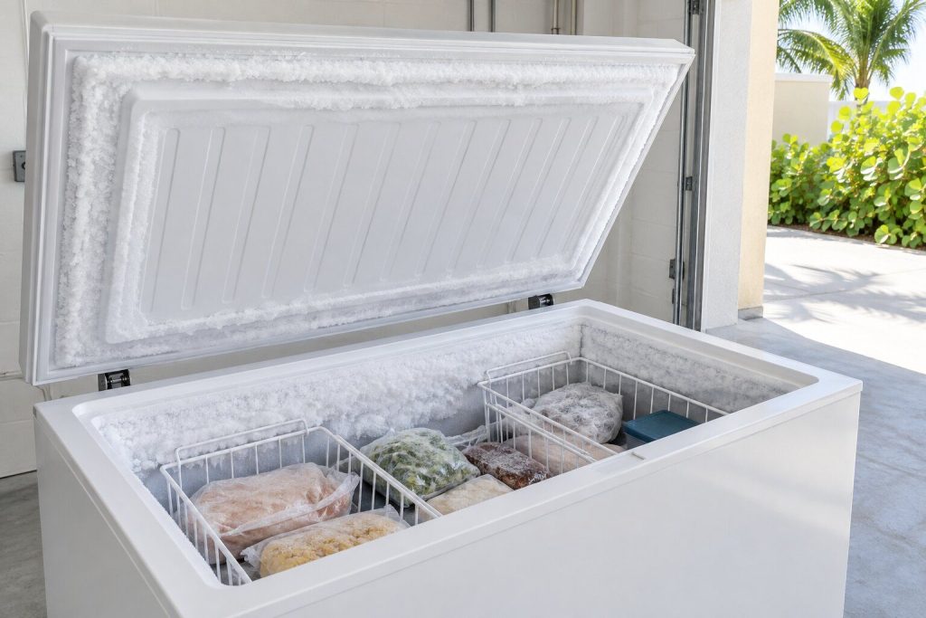 A white chest freezer with its lid up in a bright garage, thick frost built up along the lid seal and down the inside of the near wall, baskets of frozen food below.