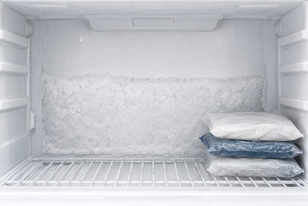 The inside of a freezer compartment with the food removed, the white rear panel carrying a thick even crust of frost that has climbed from the bottom to halfway up, and frozen packets stacked to one side.