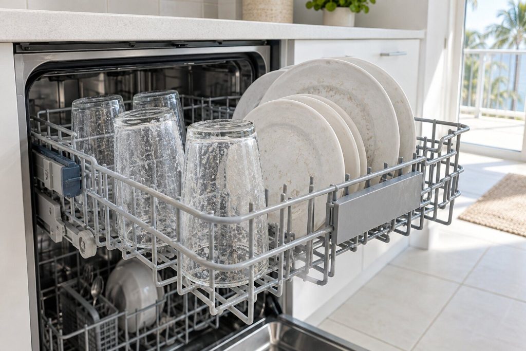 Clear drinking glasses and white plates standing in a dishwasher's upper rack with a visible gritty film and dried spots on them, the rack half pulled out into bright kitchen daylight.
