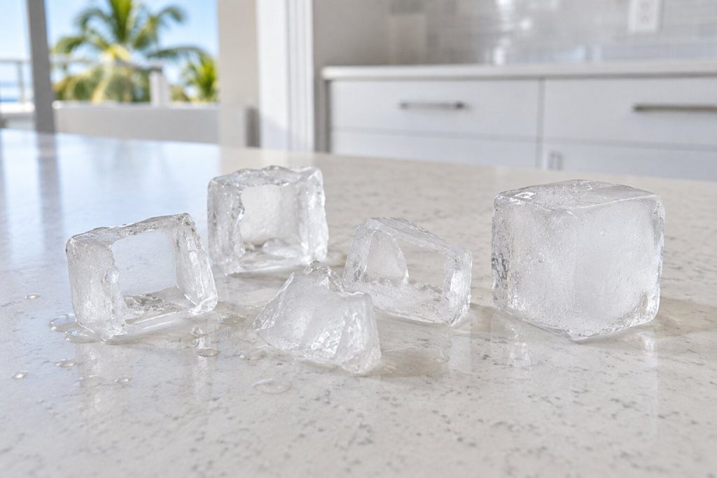 A handful of ice cubes on a light counter, several of them hollow shells with the centers open and others only half the size of the rest, beside a full-size cube for comparison.
