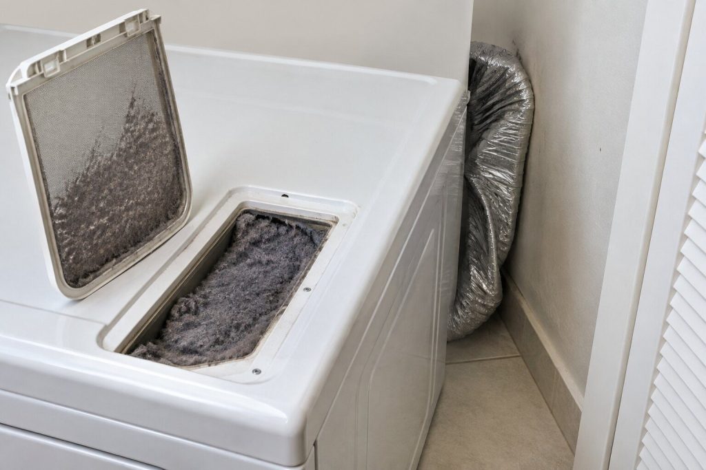 A dryer's lint screen lifted clear of its slot and standing to one side, the housing below it visibly packed with gray lint, and a flexible foil duct crushed flat where the machine has been pushed back to the wall.