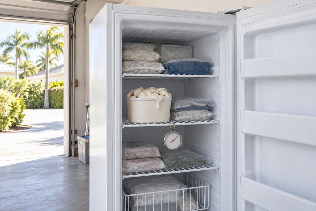 An open upright freezer in a bright garage with a tub of ice cream on the middle shelf visibly soft at the edges, a dial thermometer hanging from the wire shelf reading above zero, and packets of food beyond.