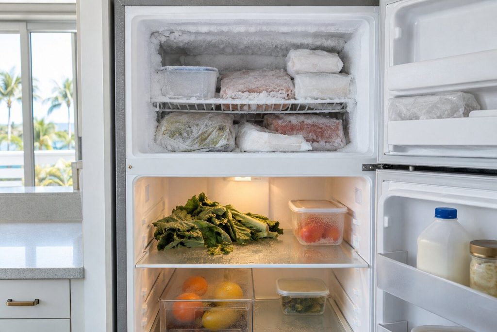 A split view of an open top-freezer refrigerator: the upper freezer basket packed with properly frozen food and heavy frost, and the fresh-food shelf below holding wilted greens and condensation on the shelf glass.
