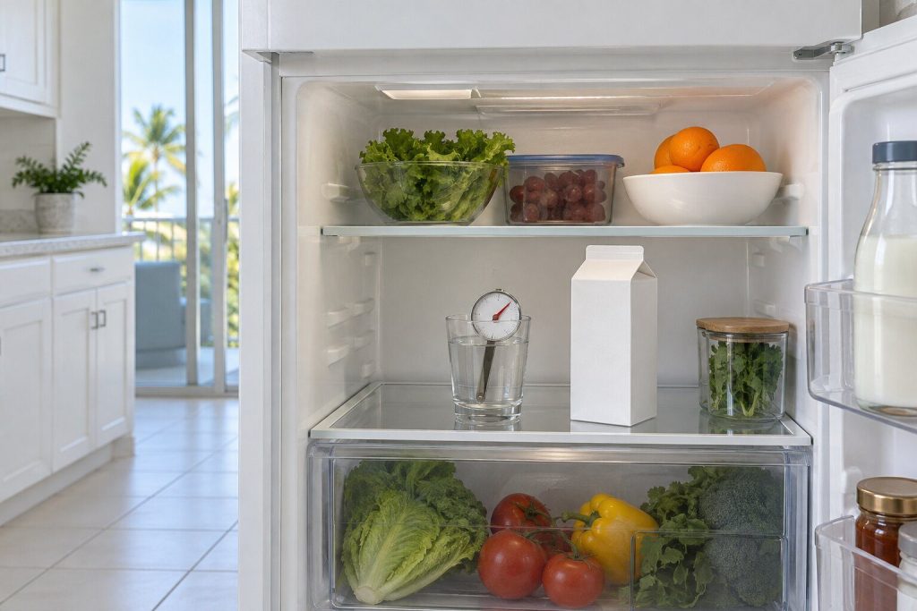 The open fresh-food compartment of a white top-freezer refrigerator with an ordinary dial thermometer standing in a glass of water on the middle shelf reading well above forty, a carton of milk beside it.
