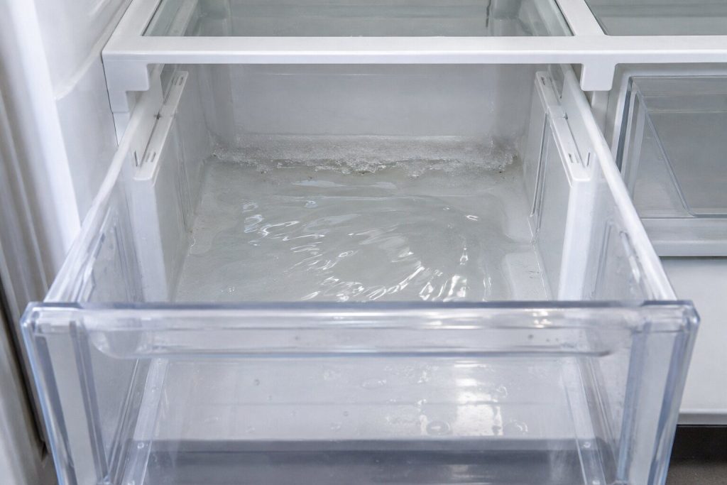 A clear crisper drawer pulled forward in a bright refrigerator interior with a shallow pool of water standing in the well underneath it and a thin sheet of ice at the back edge.