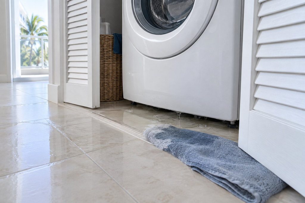 Water spreading across pale tile at the threshold of a narrow laundry closet from under a white washing machine, a folded towel already darkened at one edge.