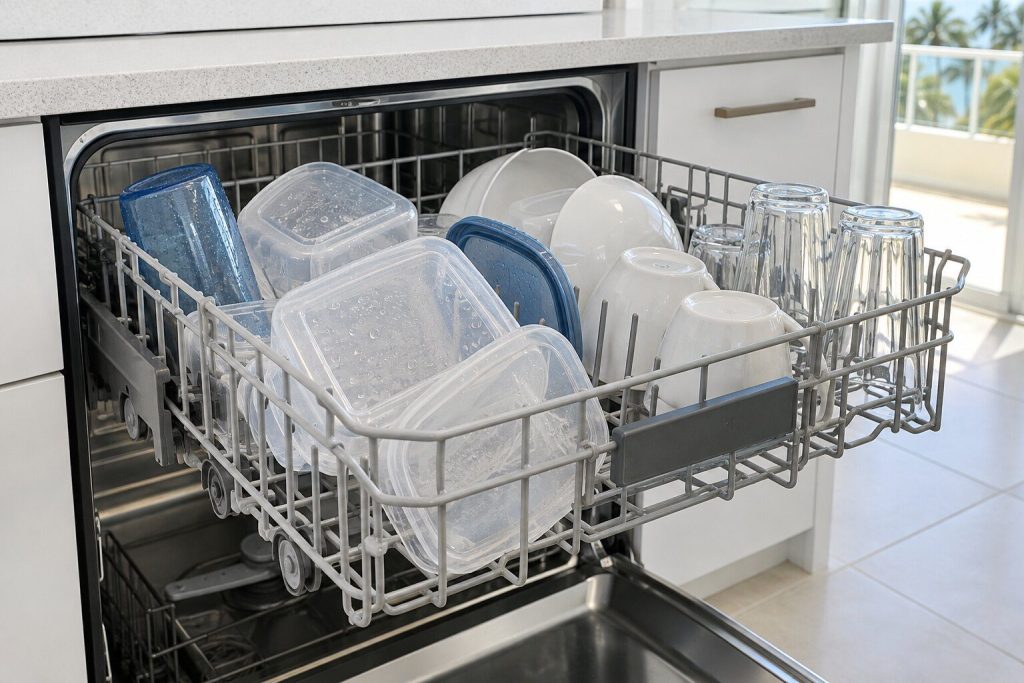 A dishwasher's upper rack pulled out at the end of a cycle, plastic food containers and tumblers still beaded with water while the china and glass beside them are dry.